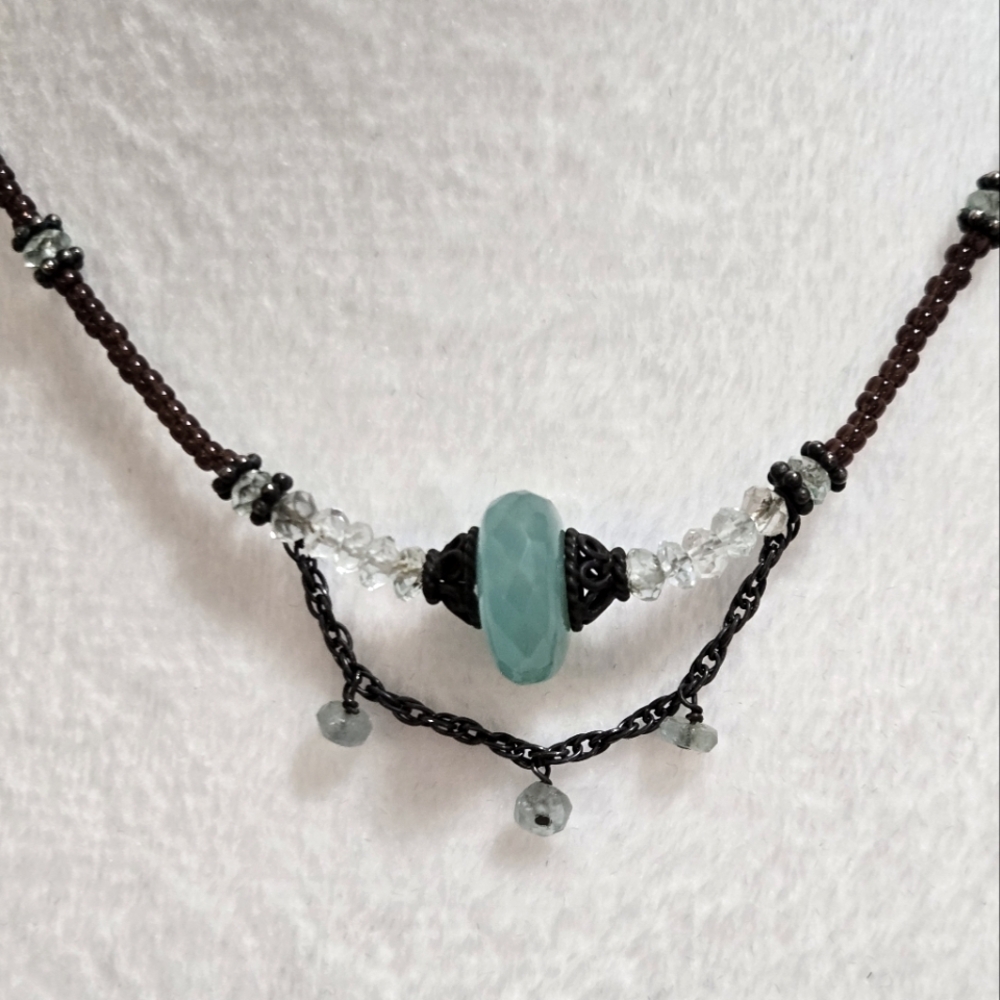 Elegant Beaded Necklace with Aqua and Bronze colored beads. Adjustable length - Picture 11 of 13